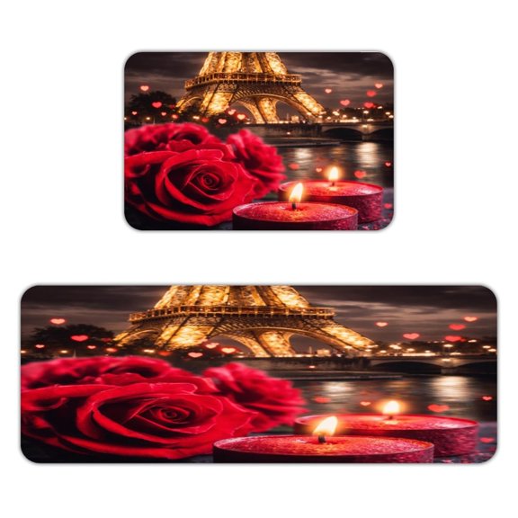 ZFLMY Red Roses Under The Eiffel Tower Kitchen Mats for Floor, Sets of 2, Soft Washable, Clear Print, Non Skid Waterproof Kitchen Rug for Sink Floor Sink Laundry Bar Office Room Home Cooks