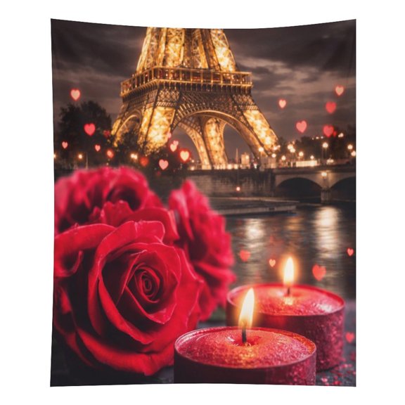 ZFLMY Red Roses Under The Eiffel Tower Tapestry in Green Fields, Polyester Printed Wall Hanging, Suitable for Bedroom, Dormitory and Living Room, Aesthetic Home Decoration,