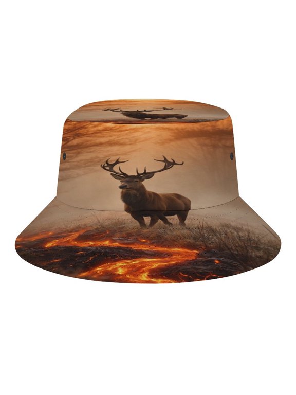Red Stag Beside A Lava Crack in The Forest Bucket Hat, Soft, Printed, Packable Fisherman Sun Hat for Beach Travel Hiking Vacation, Sun Hat for Women Men,