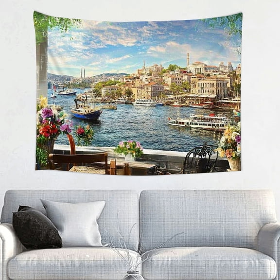 ZFLMY Romantic Terrace Mediterranean Bay View Boat Coastal Cityscape Cafe Italian Theme Restaurant Party Tapestry Decoration 40x30in