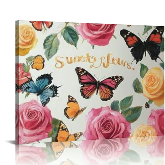 ZFLMY Roses Butterflies Wall Art Canvas Prints Modern Ready To Hang Home Decor 16x12in