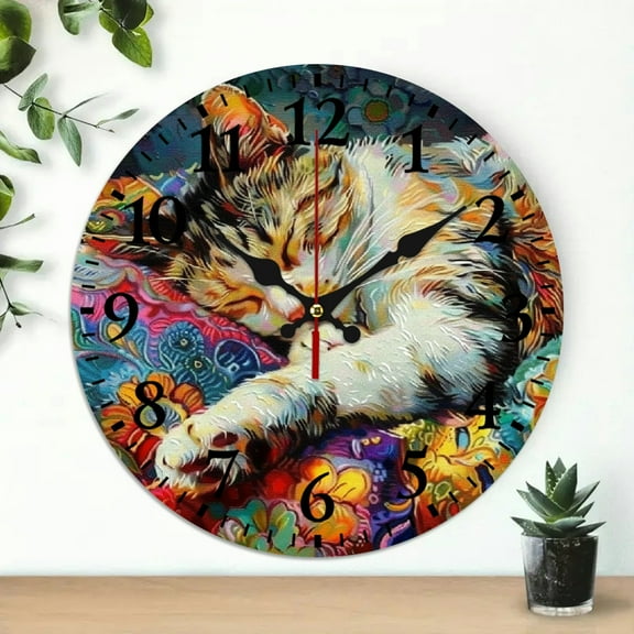 ZFLMY Round Wooden Wall Clock, Cute Cat Print, Wall Decor for Living Room, Kitchen, Dorm - 10 Inches 10x10in