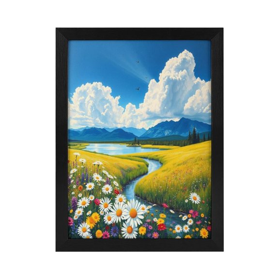 ZFLMY [Sea of Flowers, Small Stream, Blue Sky and White Clouds] Framed - [Black] Wooden Frame Canvas Painting, Home Bedroom Living Room Wall Decoration, Available in Multiple Sizes