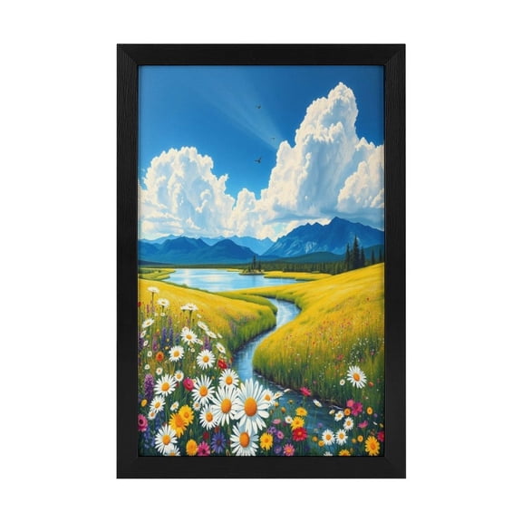 ZFLMY [Sea of Flowers, Small Stream, Blue Sky and White Clouds] Framed - [Black] Wooden Frame Canvas Painting, Home Bedroom Living Room Wall Decoration, Available in Multiple Sizes