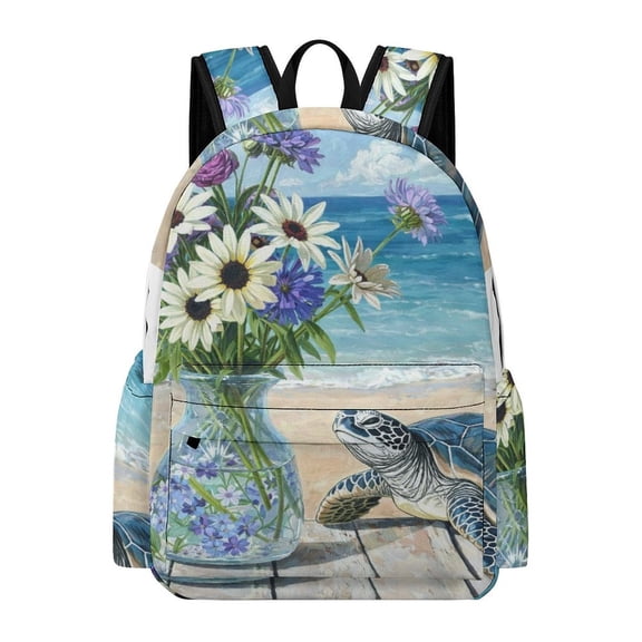 ZFLMY Sea Turtle & Blooms Printed Oxford Backpack, Large Capacity Laptop Backpack, Water Resistant, Travel Daypack for College Work Commuting Adults,