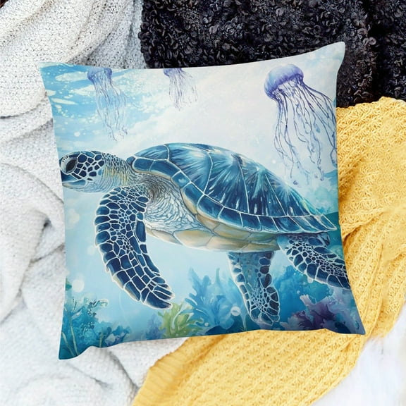 ZFLMY Sea Turtle Throw Pillow Covers Reptile Tortoise Decorative Pillowcase for Sofa Couch Ocean Marine Cushion Cover Underwater Animal Pattern Outdoor Pillows Covers Jellyfish 24x24in