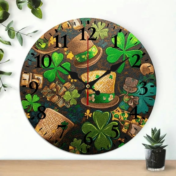 ZFLMY Shamrocks Hats Jigsaw Puzzle Round Wooden Wall Clock Battery Operated Wall Hanging Decor for Living Rooms, Kitchens, Dorms - Practical Everyday Gifts 10x10in