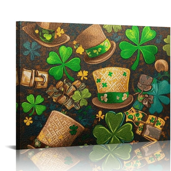 ZFLMY Shamrocks Hats Jigsaw Puzzle Wall Art St. Patrick's Day Canvas Print On Canvas, Home Wall Decor For Bedroom & Kitchen, Ready To Hang Room Art Decor 16x12in