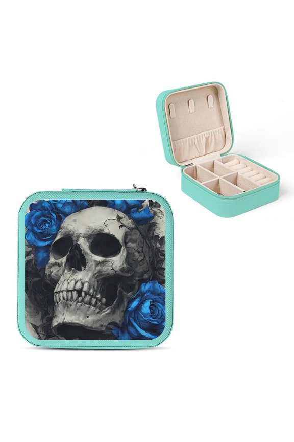 Skull Blue Roses Gothic Travel Jewelry Box for Necklaces Rings Green