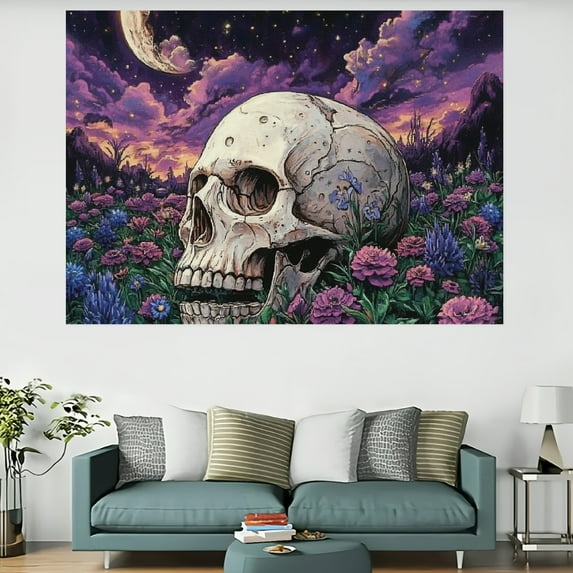 ZFLMY Skull Flowers Moon Polyester Wall Art Tapestry for Bedroom Living Room Decor, Decorative Wall Hanging, Various Sizes Available 60x40in