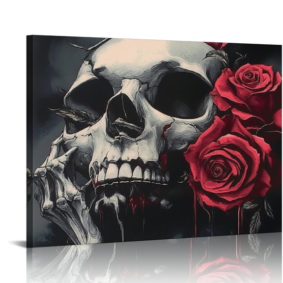 ZFLMY Skull Roses Gothic Art Wall Decor Canvas Prints Ready To Hang Room Home Art Decor 16x12in