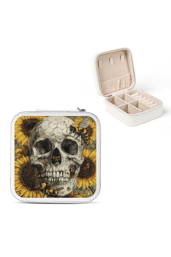 Skull Sunflowers Bees Small Jewelry Box for Women Travel Case White