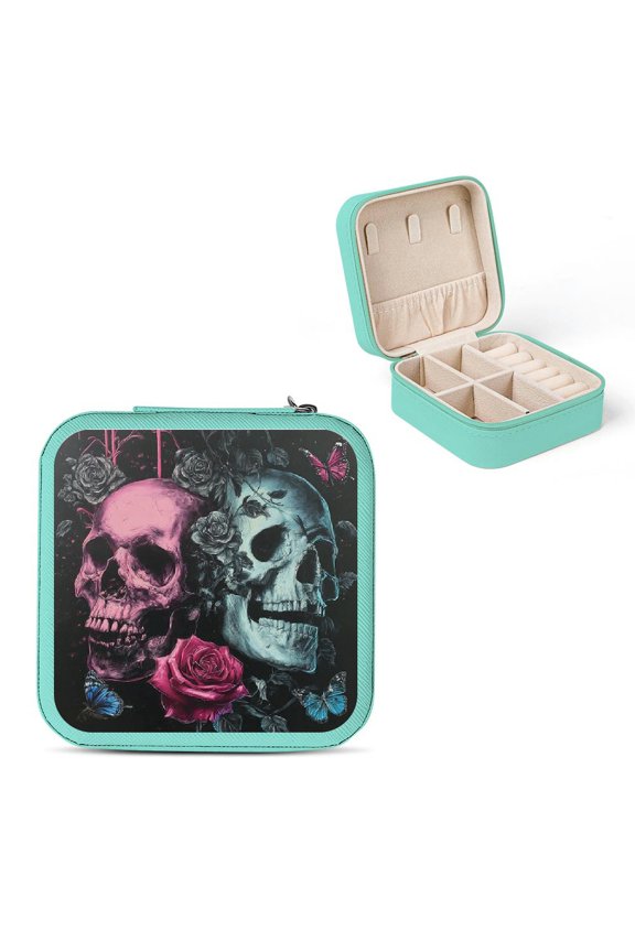 Skulls Rose Butterflies Jewelry Box Small Travel Organizer Green