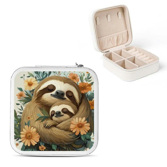 ZFLMY Sloths Flowers Jewelry Box for Women - Compact Travel Organizer White