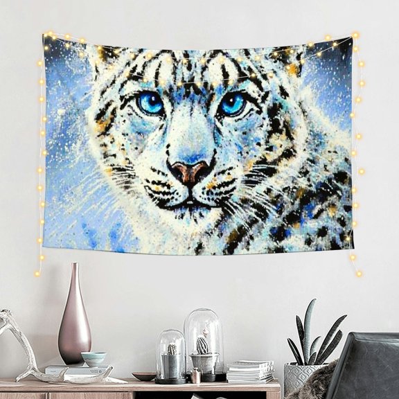 ZFLMY Snow Leopard Blue Eyes Pointillism Tapestry Wall Art Home Decor 60x40in