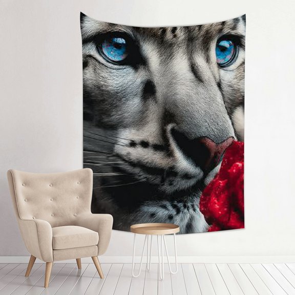 ZFLMY Snow Leopard Blue Eyes Red Rose Tapestry Wall Decoration 30*40in
