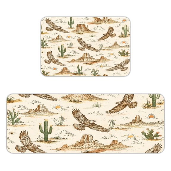 ZFLMY Soft Flannel 2Piece Kitchen Rug Set, Desert Eagle Mesa Cactus Pattern NonSlip Absorbent Runner & Mat for Kitchen Sink, Entryway and Bathroom