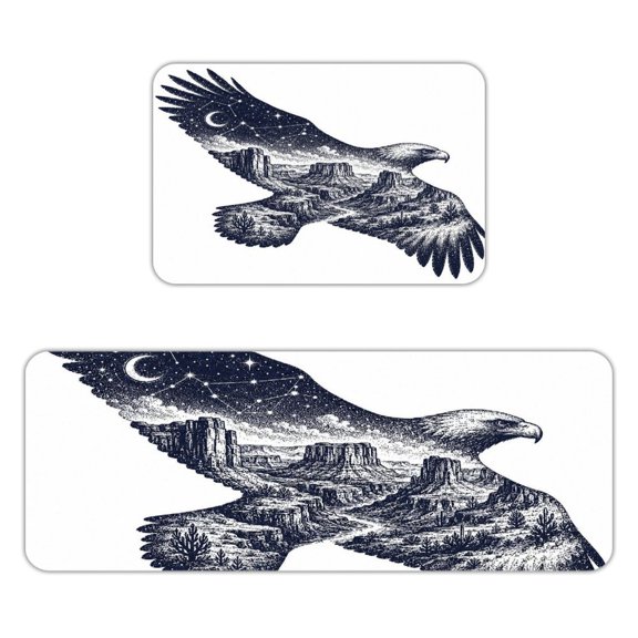 ZFLMY Soft Flannel 2Piece Kitchen Rug Set, Eagle Desert Canyon Silhouette NonSlip Absorbent Runner & Mat for Kitchen Sink, Entryway and Bathroom