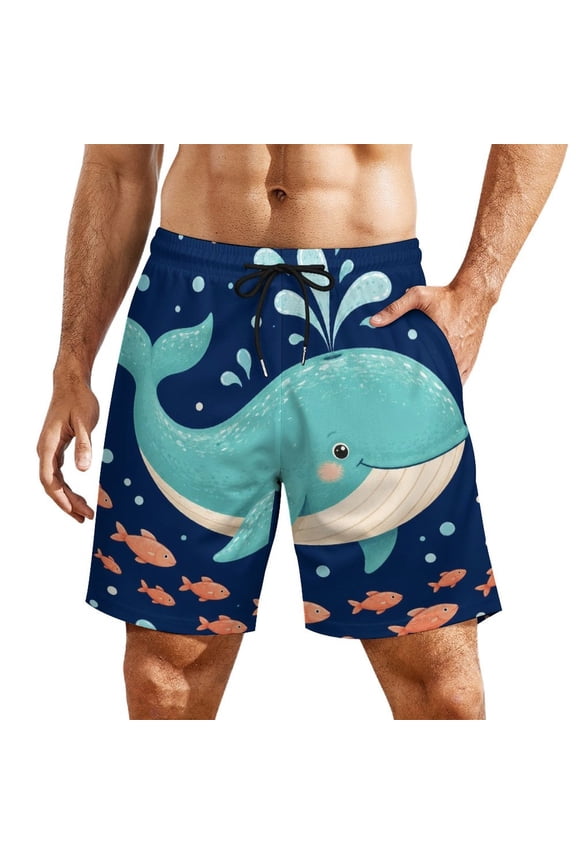 Spouting Teal Whale Fish Men's Beach Shorts, Breathable Mesh Lining Quick Dry with Pockets, Casual Swimwear for Adults,