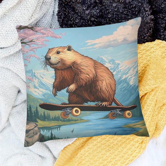 ZFLMY Square Cushion Cover Beaver Skateboard Mountain Decor Indoor Decoration for Home Sofa Couch Linen 100% 20x20in