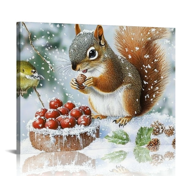 ZFLMY Squirrel Snow Bird Feeder Canvas Wall Art Home Decor 16x12in
