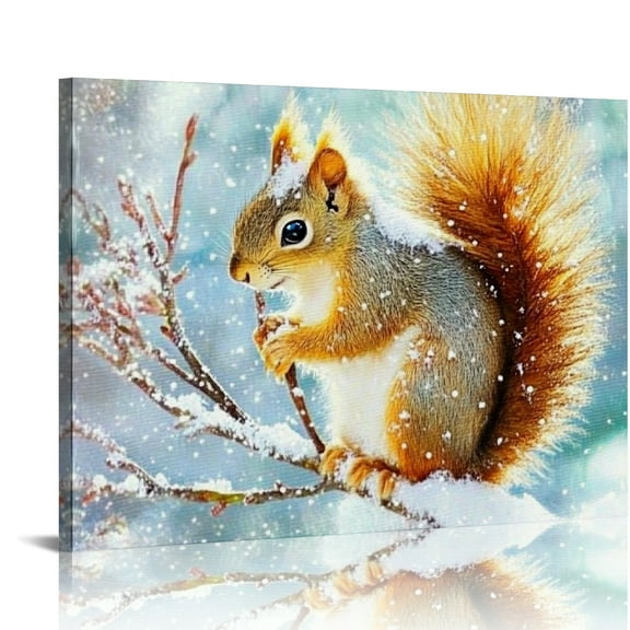 ZFLMY Squirrel Snow Canvas Wall Art Decor Ready To Hang Home Art 16x12in