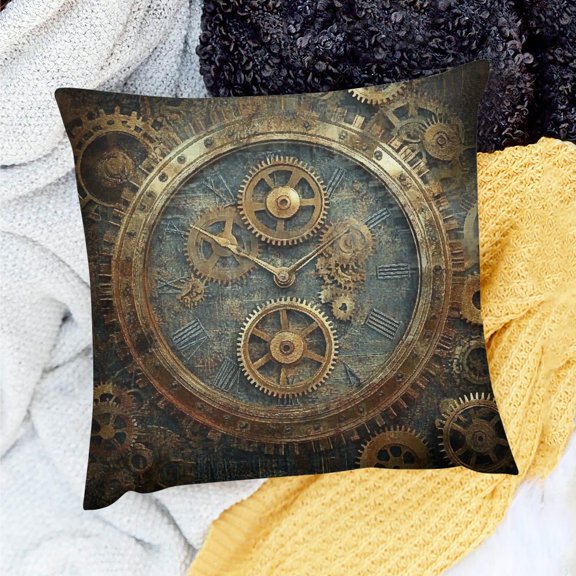 ZFLMY Steampunk Throw Pillow Cover,Rusty Steampunk with Clock and Different Gears Metal Machine Gold Bronze Decorative Pillow Square Cushion Covers for Home Sofa Couch 18x18in