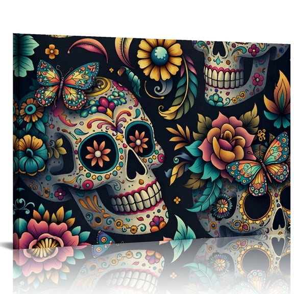 ZFLMY Sugar Skulls with Butterflies and Flowers Wall Art, HD Print Framed Canvas Wall Art, Ready An Excellent Gift Choice Suitable For Living Room Bedroom Kitchen Classroom Studio Family