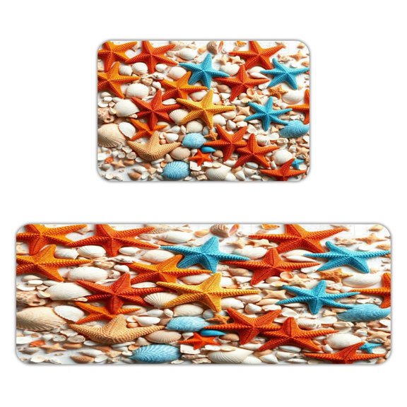 ZFLMY Summer Whispers of Starfish And Seashells Kitchen Mats for Floor, Sets of 2, Soft Washable, Clear Print, Non Skid Waterproof Kitchen Rug for Sink Floor Sink Laundry Bar Office Room Home Cooks