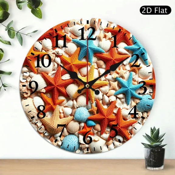 ZFLMY Summer Whispers of Starfish and Seashells Wall Clock Battery Operated, Wall hanging decor Wall art Decor, Lobby Corridor Dining Room Bedroom Office Classroom