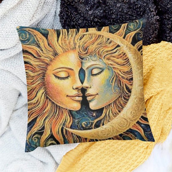 ZFLMY Sun Moon Faces Party Decor Pillow Cover for Home Sofa Couch 24x24in