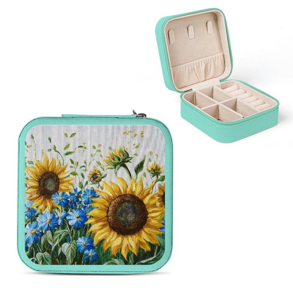 ZFLMY Sunflowers Blue Flowers Jewelry Box for Bridesmaid Gifts and Travel Essential, Compact Size with Multiple Storage Spaces Green
