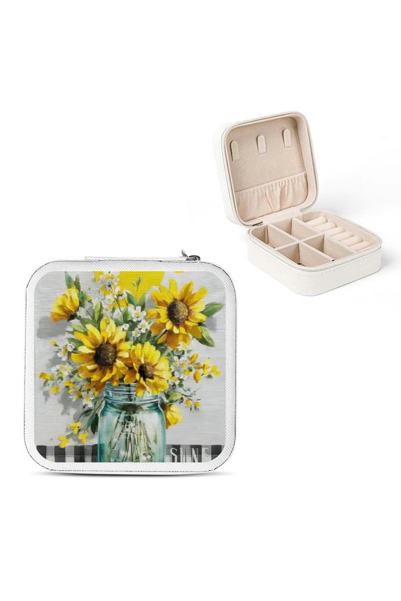 Sunflowers Jewelry Storage Box PU Leather Necklace Ring Earring White