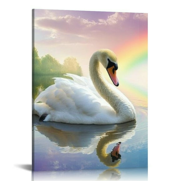ZFLMY Swan Lake Rainbow Canvas Print Wall Art Home Decor 12x16 16x20in