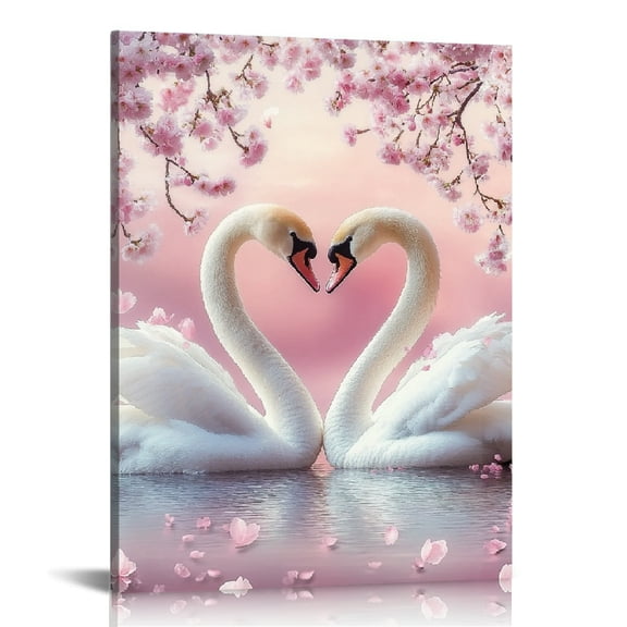 ZFLMY Swans Heart Shape Cherry Blossoms Canvas Prints Wall Art 12x16in