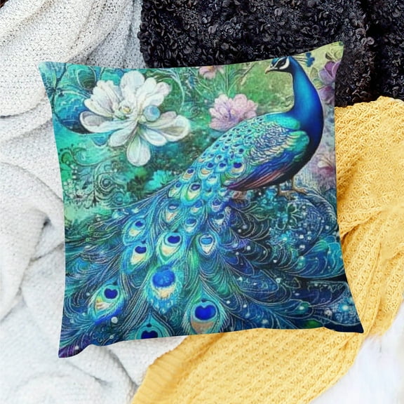 ZFLMY Teal Peacock Throw Pillow Cover, Vintage Watercolor Blue Peacock Gifts Decoration Pillowcases Home Sofa Couch Bed Decor Square Cushion Cover  Pillow Cases 20x20in