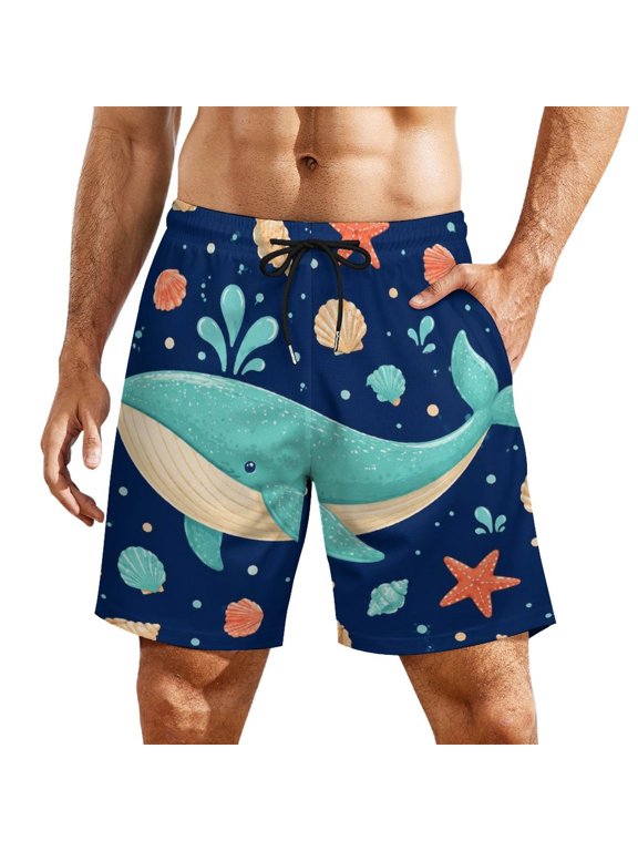 Teal Whale Shell Starfish Men's Beach Shorts, Breathable Mesh Lining Quick Dry with Pockets, Casual Swimwear for Adults,