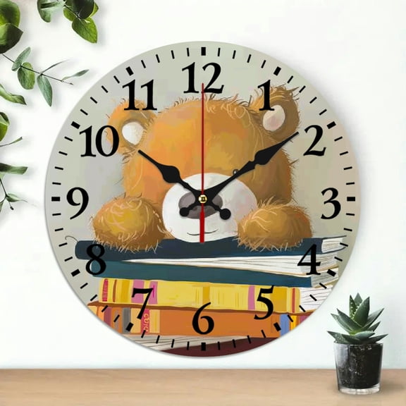 ZFLMY Teddy Bear Books Art Language Wooden Wall Clock Silent Mechanical Movement 10 Inch, Ideal Wall Decor for Living Rooms, Kitchens, Dorms 10x10in