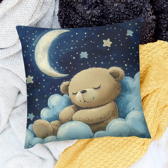 ZFLMY Teddy Bear Cloud Crescent Moon Theme Home Decor Throw Pillows Cover for Sofa Couch Linen 100% 20x20in