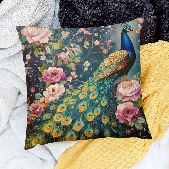 ZFLMY Throw Pillow Covers Peacock Flowers Pattern Decorative Pillow Cases Home Decor Square 18x18in