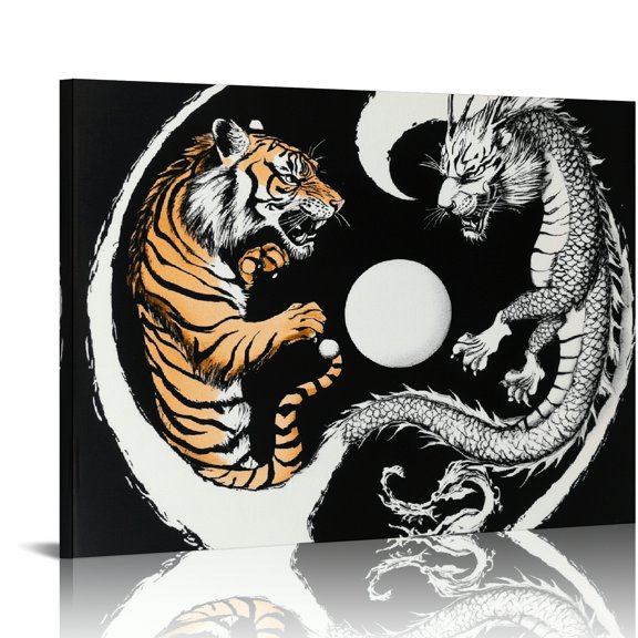 ZFLMY Tigers Dragon Yin-Yang Ball Wall Decor for Bedroom Kitchen Canvas Art Modern Prints Ready to Hang Home Decor 16x12in