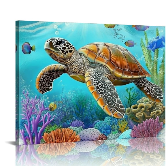 ZFLMY Turtle Coral Reef Wall Decor Canvas Prints Art for Home Living Room Bedroom Office Hotel, Ready To Hang Room Home Art Decor 16x12in