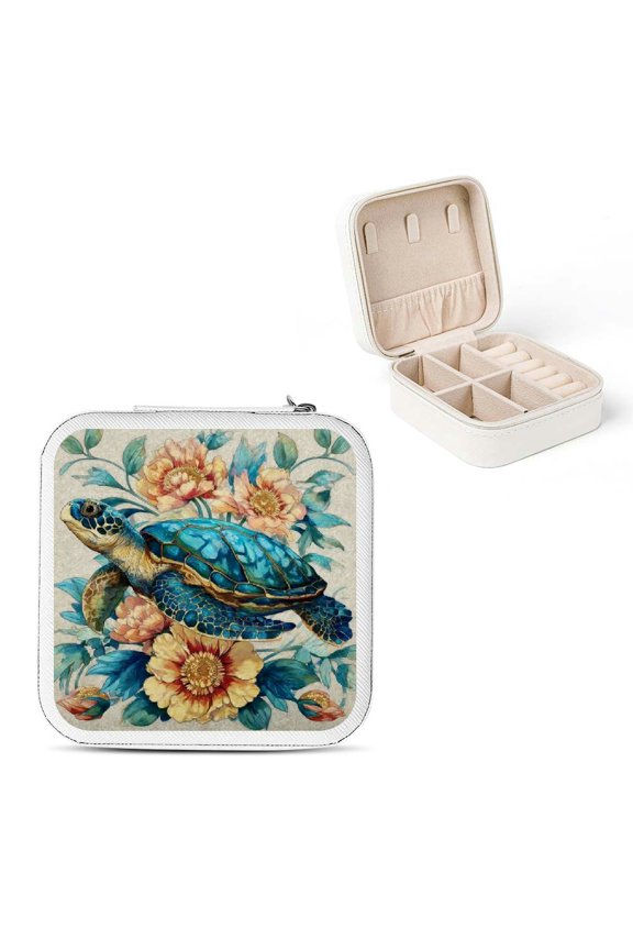 Turtle Flowers Art Nouveau Travel Jewelry Box for Necklaces Rings White