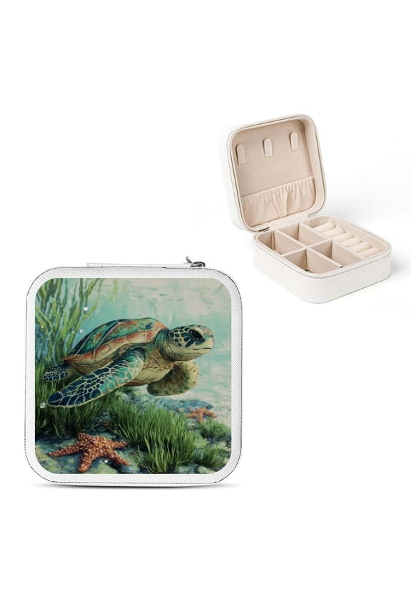 Turtle Ocean Starfish Jewelry Box for Women - Compact Travel Case White