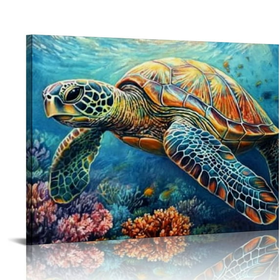 ZFLMY Turtle Wall Art Beach Bathroom Decoration Blue Sea Animal Canvas Print Coast Painting Sea Turtle Picture Sea Life Nautical Art Bedroom Living Room Home Decoration 20x16in