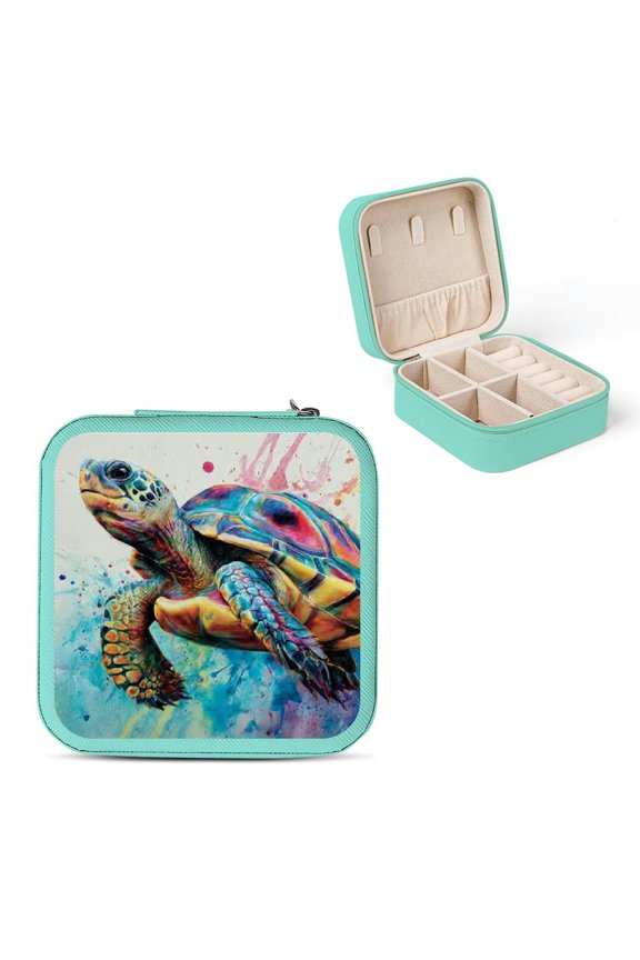 Turtle Watercolor Splashes Travel Jewelry Box for Necklaces Green