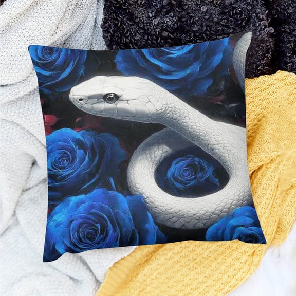 ZFLMY White Snake Throw Pillow Cover for Teens Boys Girls,African Tropical Animal Pillow Cover,Blue Rose Cushion Cover,Serpentine Reptile Wildlife Decorative Pillow Cover 24x24in