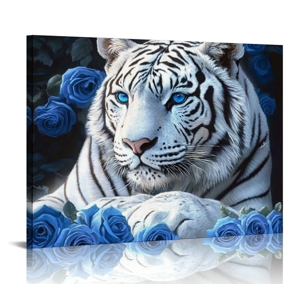 ZFLMY White Tiger Blue Roses Canvas Wall Art Decor for Home Living Room Bedroom Kitchen Bathroom Office Salon Bar, Ready to Hang Room Home Art Decor 16x12in