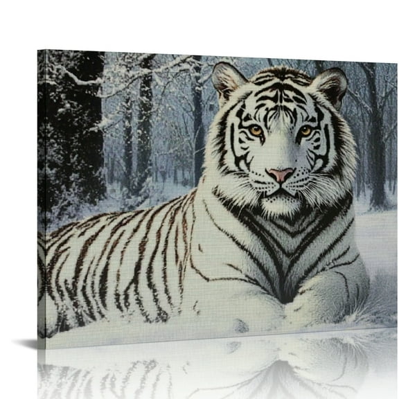 ZFLMY White Tiger Snow Trees Canvas Print Wall Art Decor for Home Bedroom Kitchen, Ready To Hang Room Home Art Decor 20x16in