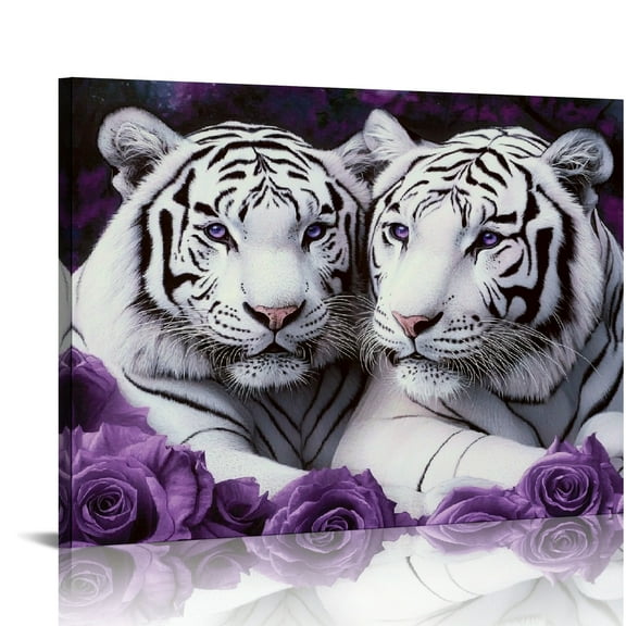 ZFLMY White Tigers Purple Roses Canvas Print Wall Art Decor for Home Living Room Bedroom Kitchen Bathroom Office Salon, Ready To Hang Room Home Art Decor 20x16in